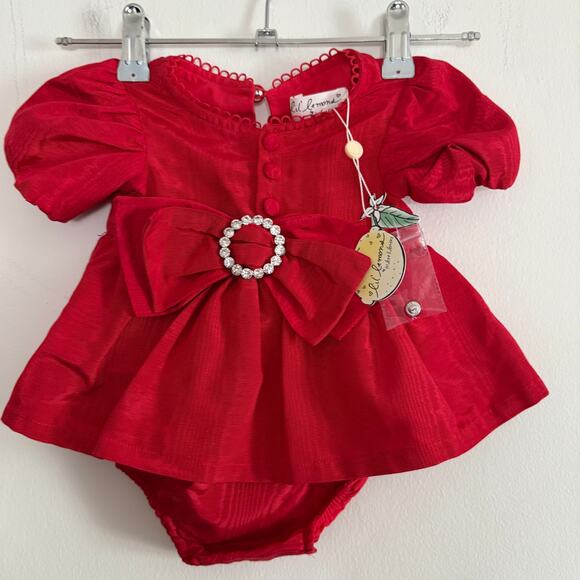 FOR LOVE & LEMONS | Lil Lemons Red Moire Dress with Rhinestone Bow 0-3 months - Picture 1 of 6